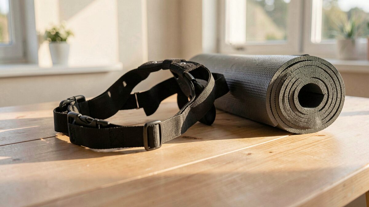 Un harnais rigide de chien d'assistance posé sur une table en bois clair, à côté d'un tapis de massage enroulé, lumière douce de fin d'après-midi par une fenêtre, gros plan à hauteur de table.