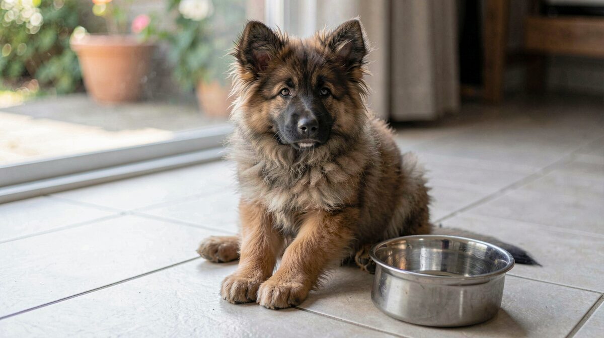 Un chiot Berger Allemand poil long assis sur un carrelage clair près d'une gamelle en inox, lumière naturelle de fin de matinée entrant par une porte-fenêtre, cadrage serré à hauteur du chien.