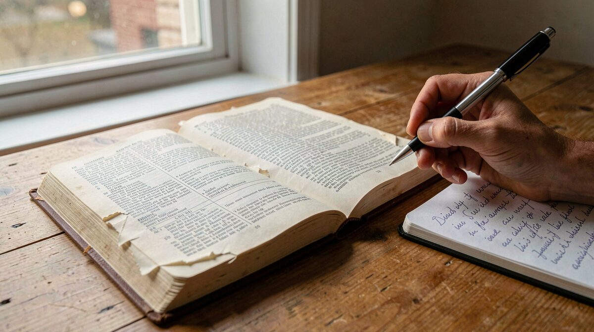 Un bureau en bois près d'une fenêtre, un code relié ouvert à plat sur une section cornée, un carnet de notes manuscrites posé à côté, lumière naturelle de fin d'après-midi, cadrage serré sur les pages et la main qui tient le stylo.