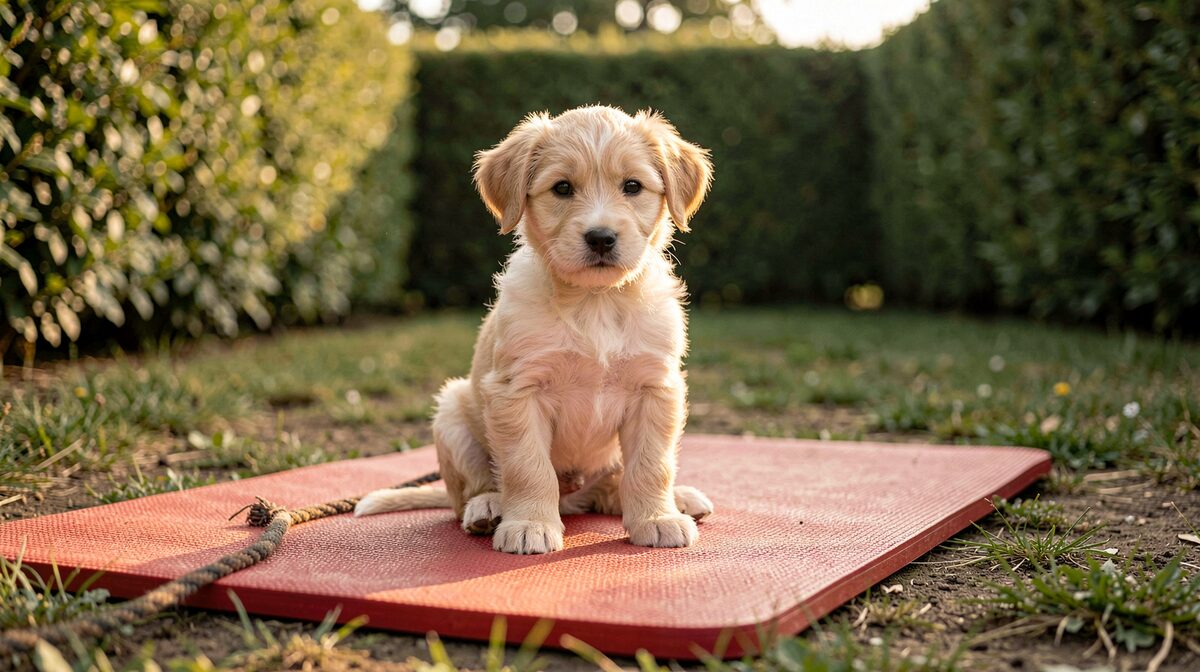 Un chiot assis sur un tapis d'éducation en caoutchouc rouge, dans une cour d'entraînement entourée de haies, lumière de fin d'après-midi, plan rapproché au niveau du sol, laisse détendue posée au sol devant lui.
