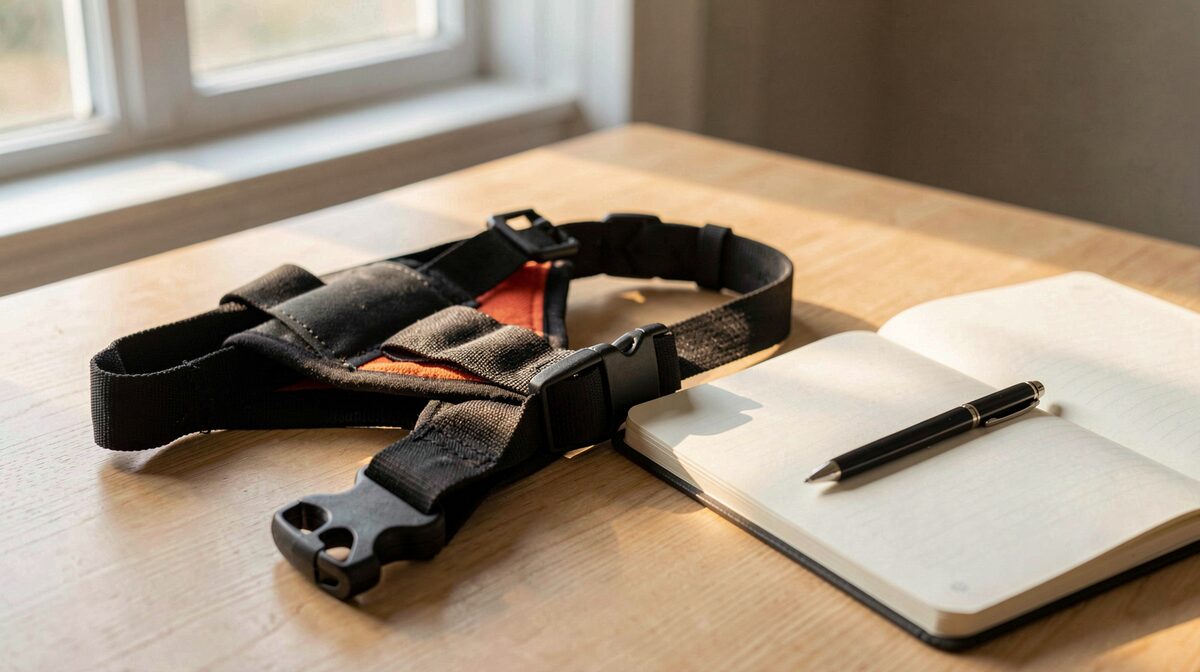 Un harnais de chien d'assistance posé à plat sur une table en bois clair, à côté d'un carnet ouvert et d'un stylo, lumière douce de fin d'après-midi venant d'une fenêtre latérale, cadrage serré à hauteur de table.